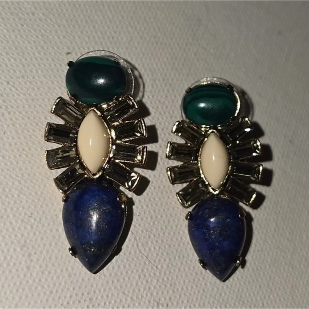 J‎ Crew Blue Green Cream Geometric Statement Drop Earrings Gold Baguette Crystal